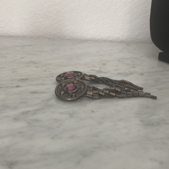 Ben-Amun Vintage Bronze Long Earrings Clip On Purple Stone - Picture 7 of 7